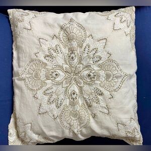 Pottery Barn Holly Embroidered Medallion Pillow Cover Ivory Taupe Beige Neutral